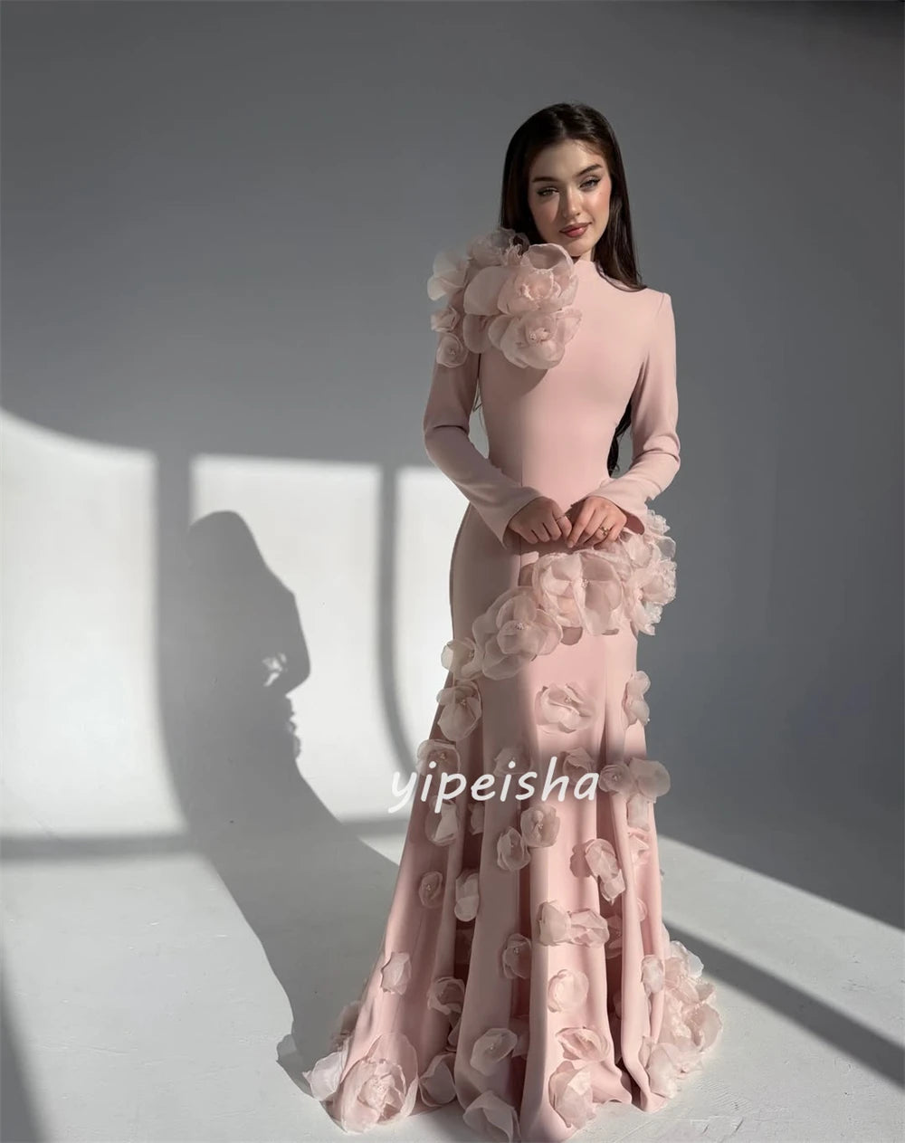 Customized High Quality Women Jersey Handmade Flower Beading Mermaid Evening Dresses Classic High Collar Long Sleeves Party Gown