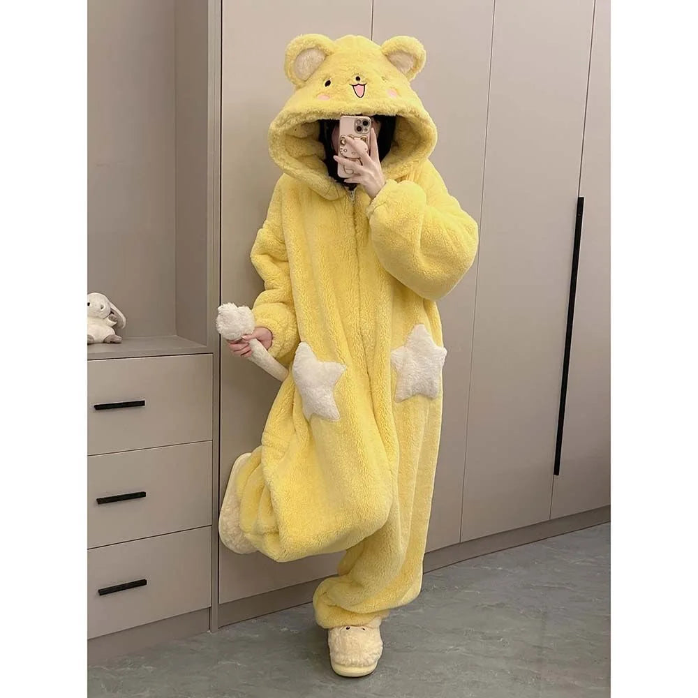 Women's Cartoon Hooded Kigurumi Unicorn Winter Jumpsuit Pajamas Women Coral Fleece Thickened Home Clothing Holiday Gift