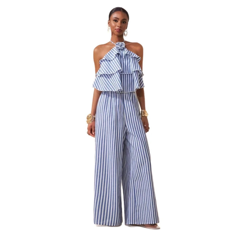 New African Fashion Women Summer Jumpsuits Striped Printed Halter Hollow Out Back Ruffles Patchwork Wide Leg Pants Jumpsuit