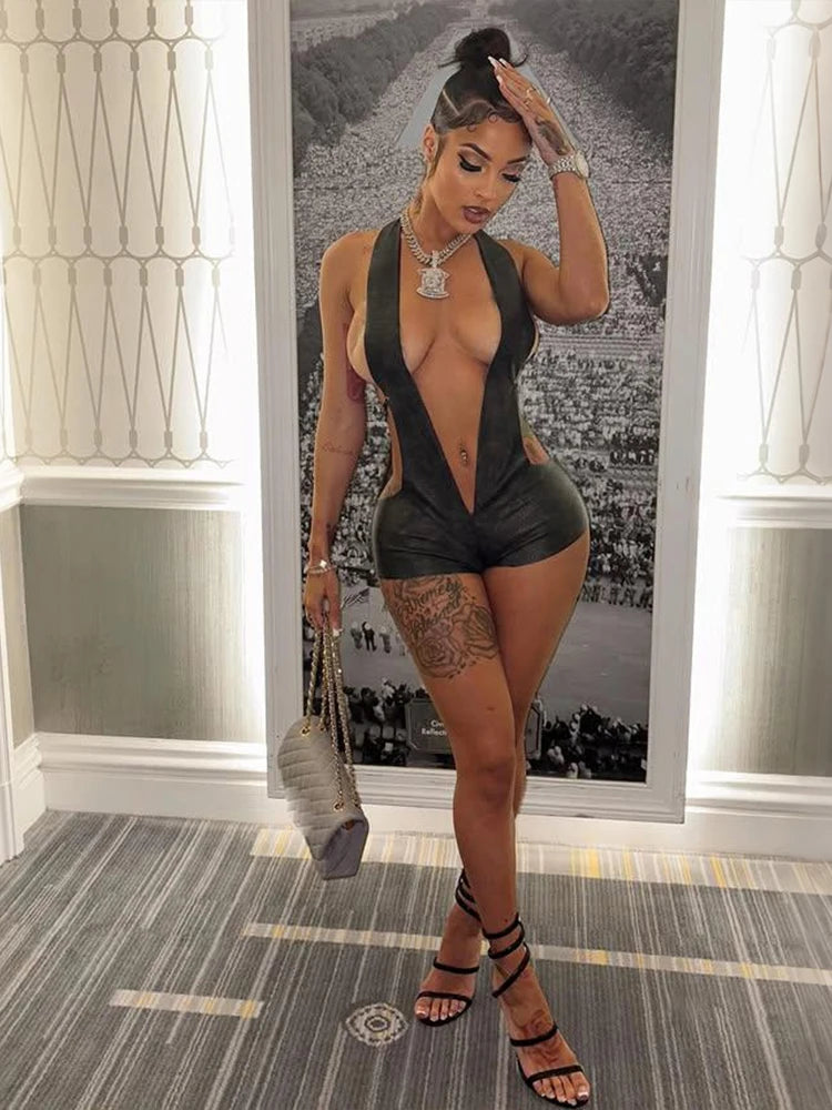 Weird Puss Sexy Backless Romper Women Deep V-Neck Sleeveless Coquette Summer New 2026 Trend Stretch Skinny Clubwear Playsuit