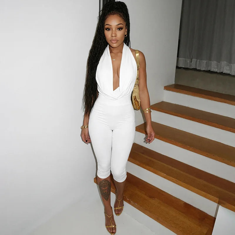 Summer Fashion New Women Sexy Jumpsuit Plunge Halterneck Backless Lace-up Solid Color Ruched One Piece Romper Capri Jumpsuits