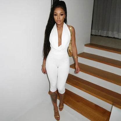 Summer Fashion New Women Sexy Jumpsuit Plunge Halterneck Backless Lace-up Solid Color Ruched One Piece Romper Capri Jumpsuits