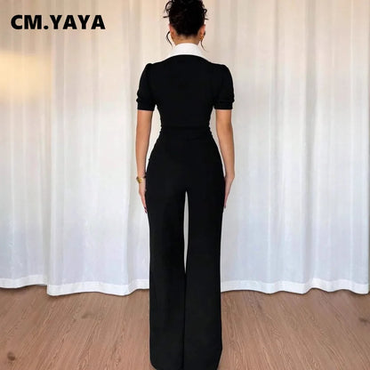 CM.YAYA Fashion Women Puff Short Sleeve Patchwork Bowknot Button Fly Wide Leg Jumpsuits Street Outfits One Piece Suit Rompers