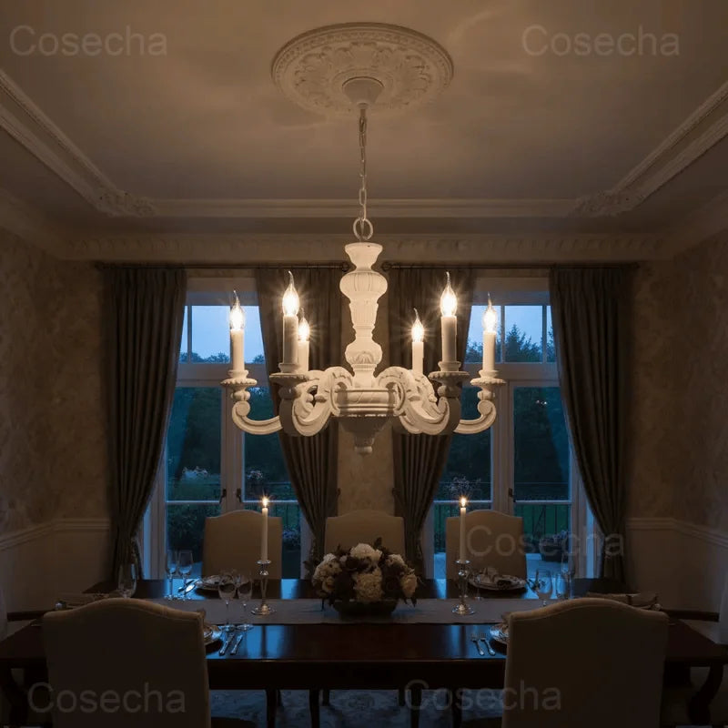 Antique White Wood Chandeliers Mid Century Chandelier Vintage French Hanging Chandeliers Classic 5/6/8 Lights Dining Living Room