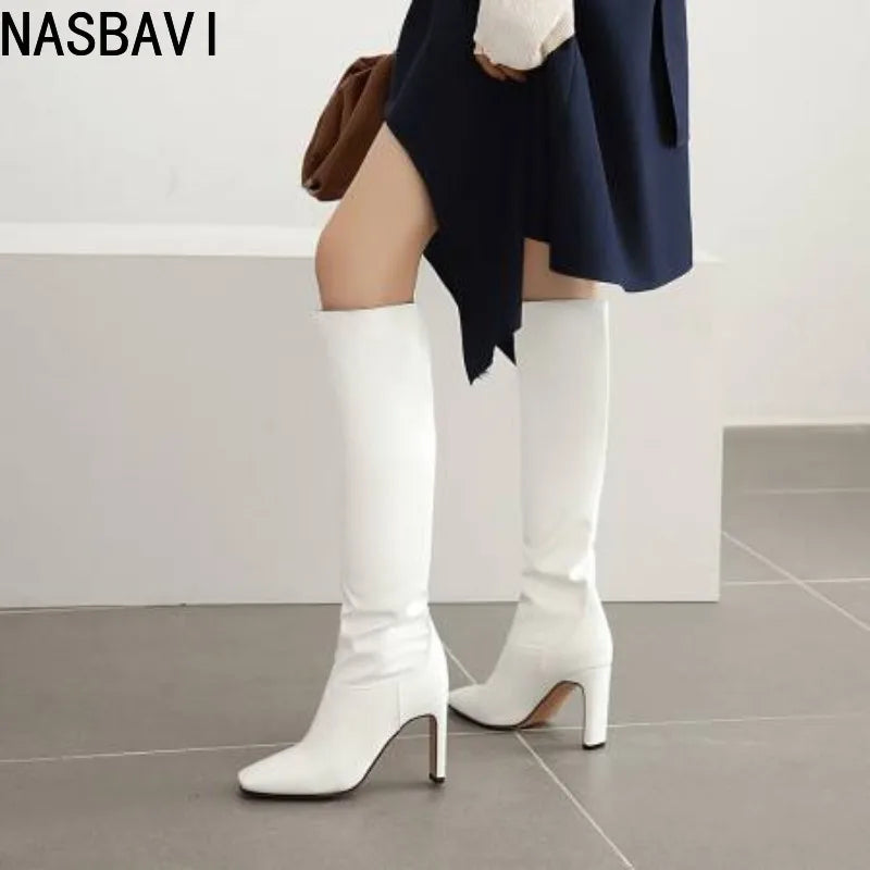 NASBAVI Women's Boots Autumn Winter Fashion New Style Sexy Knee-High Square Heel Square Toe Black Platform High 9cm Plus Size 48