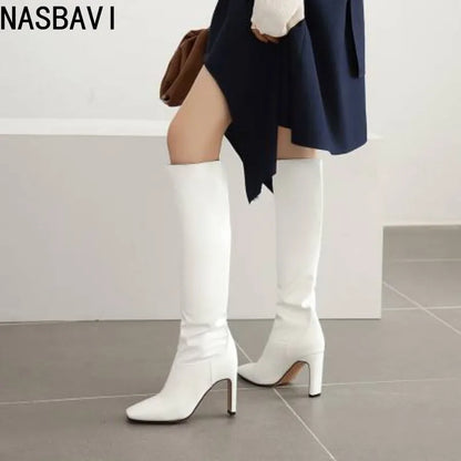 NASBAVI Women's Boots Autumn Winter Fashion New Style Sexy Knee-High Square Heel Square Toe Black Platform High 9cm Plus Size 48