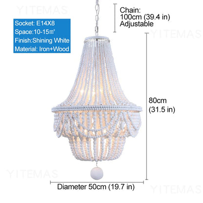 Blue Grey Wooden Beads 8 Lights Chandeliers For Foyers Vintage White Chandelier Lighting Bedroom Living Room Boho Pendant Light