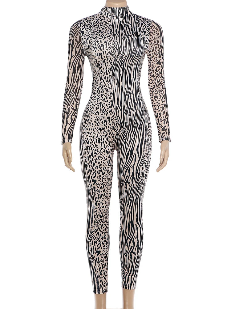 Weird Puss Sexy Fashion Jumpsuits Woman Leopard Print Turtleneck Full Sleeve Skinny Peach Hip Hottie High Street Style Overalls