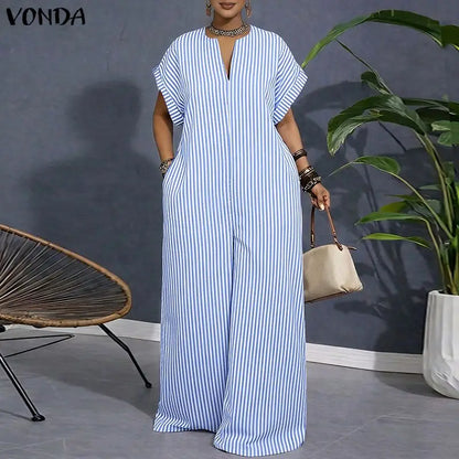 Plus Size VONDA Women Jumpsuits Summer Fashion Short Sleeve Stripe Jumpsuits Wide Leg Pants V Neck OL Party Overalls Playsuits