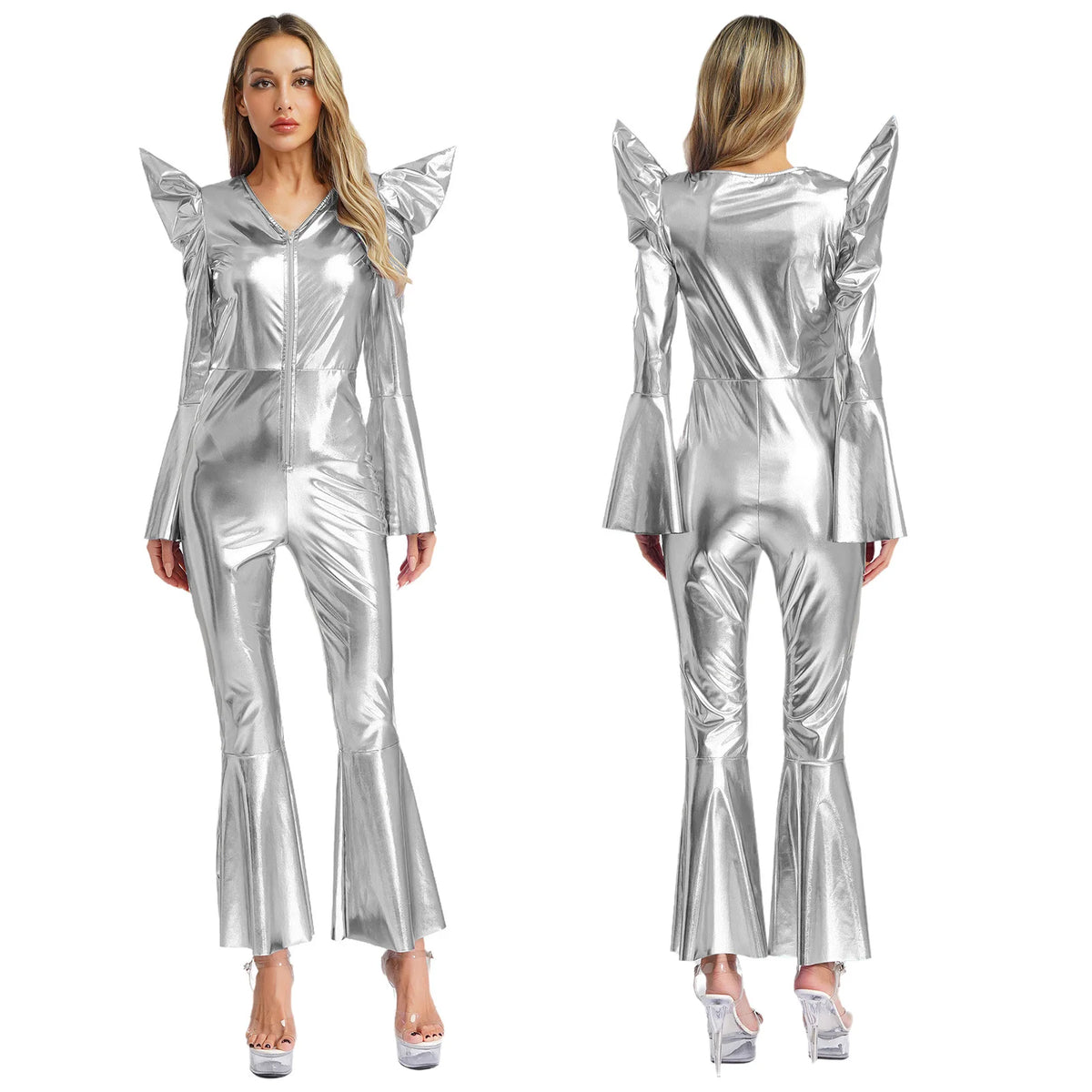 Women Vintage One Piece 70s Disco Dance Rompers Sleeveless Metallic Bell Bottom Flared Pants Jumpsuit for Retro Party Jazz Dance