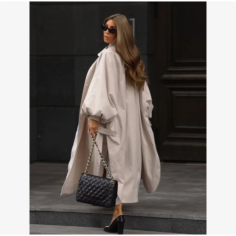Women's Brown Stand Up Collar Long Long Trench Coat  Lantern Sleeve Side Slit Loose Windbreaker 2026 Spring Autumn Fashion Coat