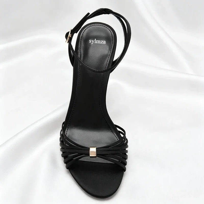 Elegant Ankle Strap Narrow Band Heeled Sandals Women Open-Toe High Heels for Ladies Luxury Metal Buckle Details Designer Shoes