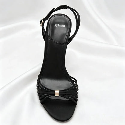 Elegant Ankle Strap Narrow Band Heeled Sandals Women Open-Toe High Heels for Ladies Luxury Metal Buckle Details Designer Shoes