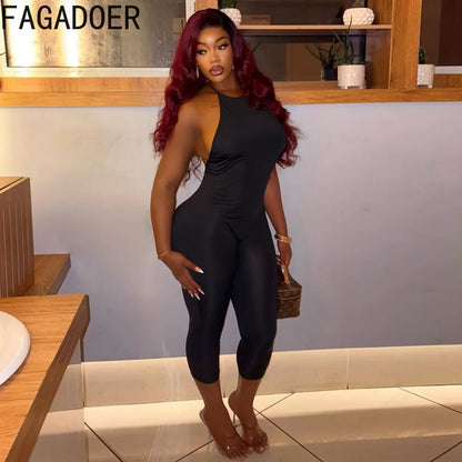 FAGADOER Sexy Solid Color Bodycon Jumpsuits Women Halter Sleeveless Backless Elasticity Romper Female Streetwear Overalls 2026