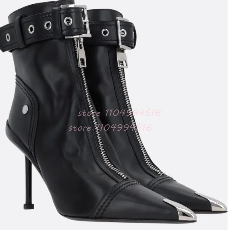 Red Metal Decor Front Zipper Pointed Short Boots Women Patchwork Belt Buckle Ankle Boots Fashion Trendy Party Lady Stiletto Shoe