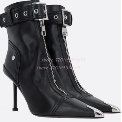 Red Metal Decor Front Zipper Pointed Short Boots Women Patchwork Belt Buckle Ankle Boots Fashion Trendy Party Lady Stiletto Shoe