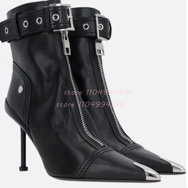 Red Metal Decor Front Zipper Pointed Short Boots Women Patchwork Belt Buckle Ankle Boots Fashion Trendy Party Lady Stiletto Shoe