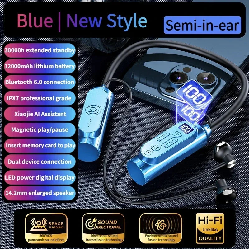 Earphones 12000mAh In-ear/Semi-in-ear Bluetooth Headset Magnetic Switch Pause Play Neck Hanging Dual Device Connection Earbuds