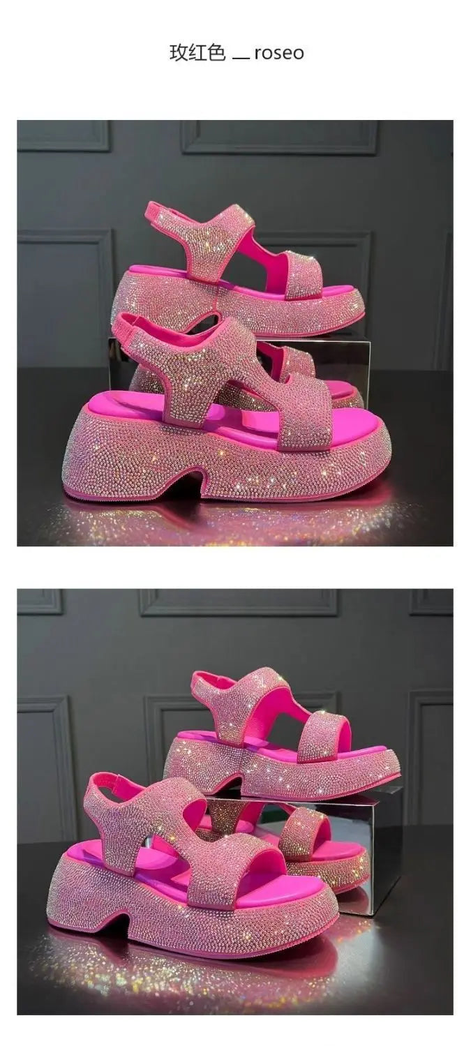 Fashion Luxury Rhinestone Women Sandals Summer New Sheepskin Elastic Band Thick-soled Open-toed Roman Flat Sandals