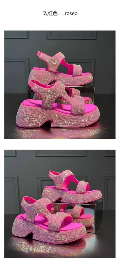 Fashion Luxury Rhinestone Women Sandals Summer New Sheepskin Elastic Band Thick-soled Open-toed Roman Flat Sandals