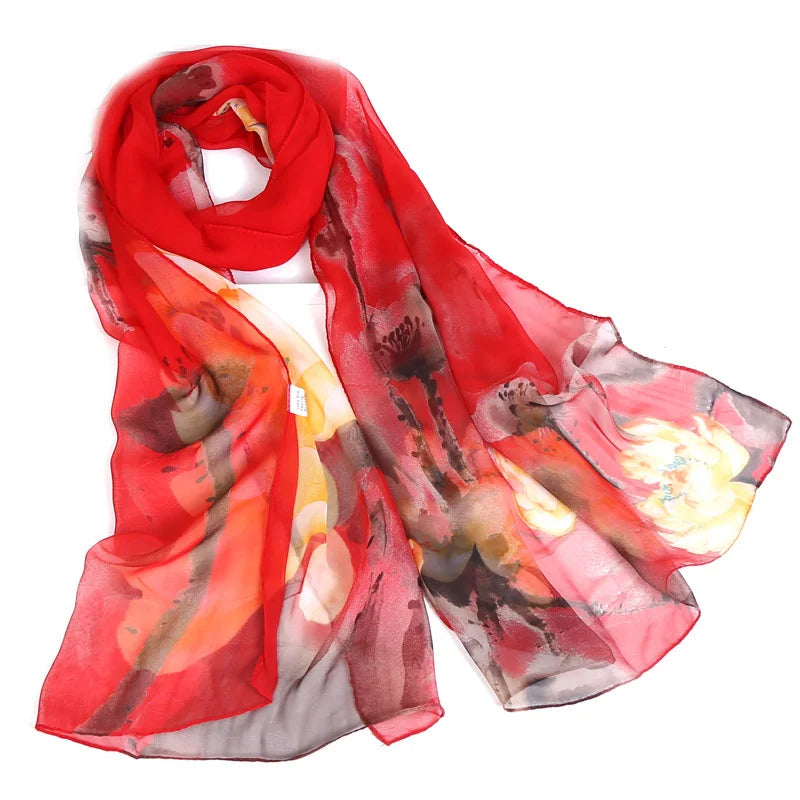 Ink Painting Lotus Summer Beach Sun Protection Chiffon Georgette Scarf Women Foulard Shawl Bandana Elegant Thin Breathable