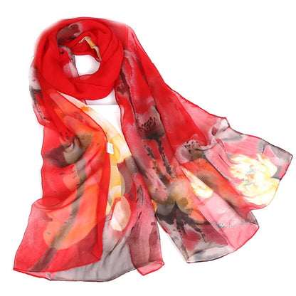 Ink Painting Lotus Summer Beach Sun Protection Chiffon Georgette Scarf Women Foulard Shawl Bandana Elegant Thin Breathable