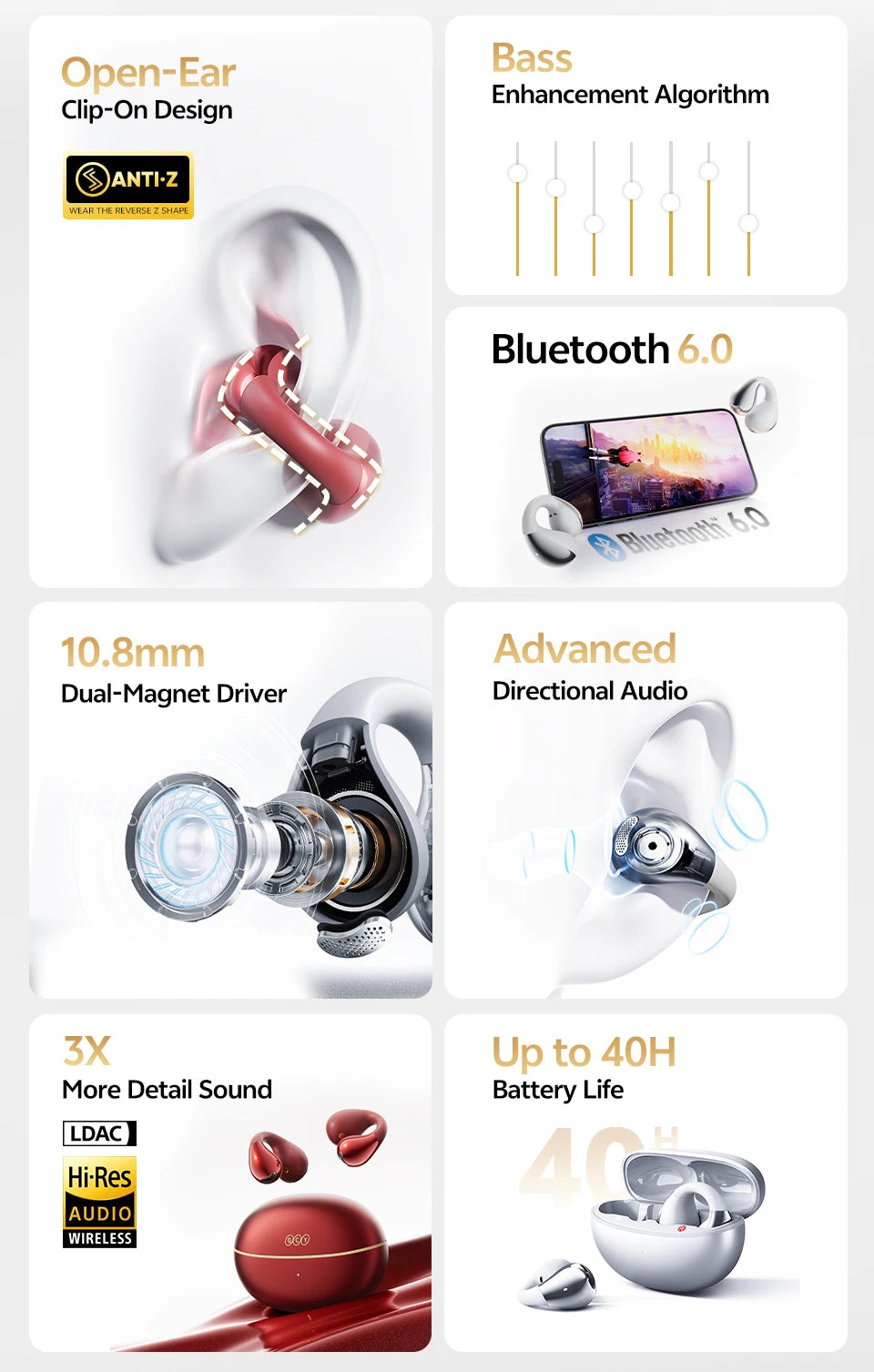 QCY Crossky C30S Open Ear Wireless Earphones Hi-Res with LDAC Ear Clip Earbuds Bluetooth 6.0 Clip On OWS Sports Headphones 40Hrs