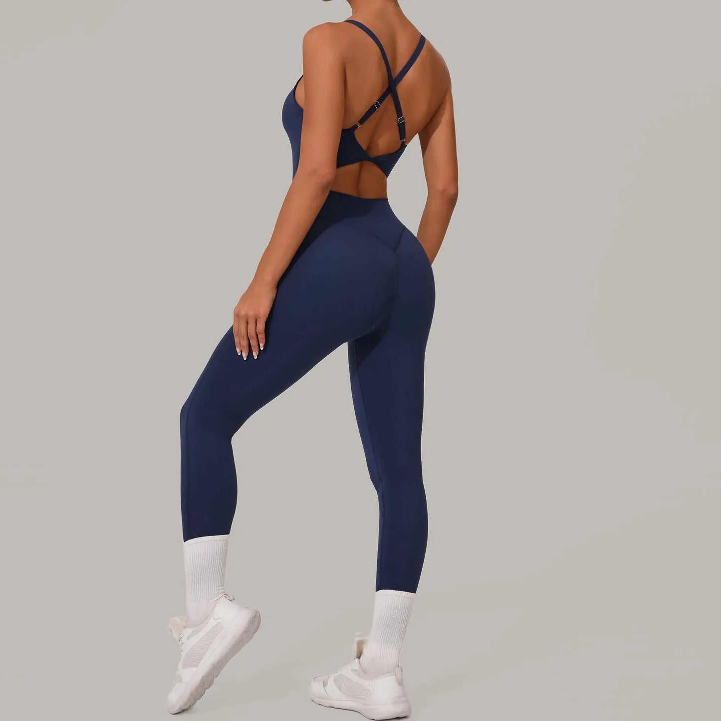 New Nylon Pad V-Neck Wrap Yoga Bodysuit - Adjustable Hook Tummy Control Butt Lift Workout Jumpsuit