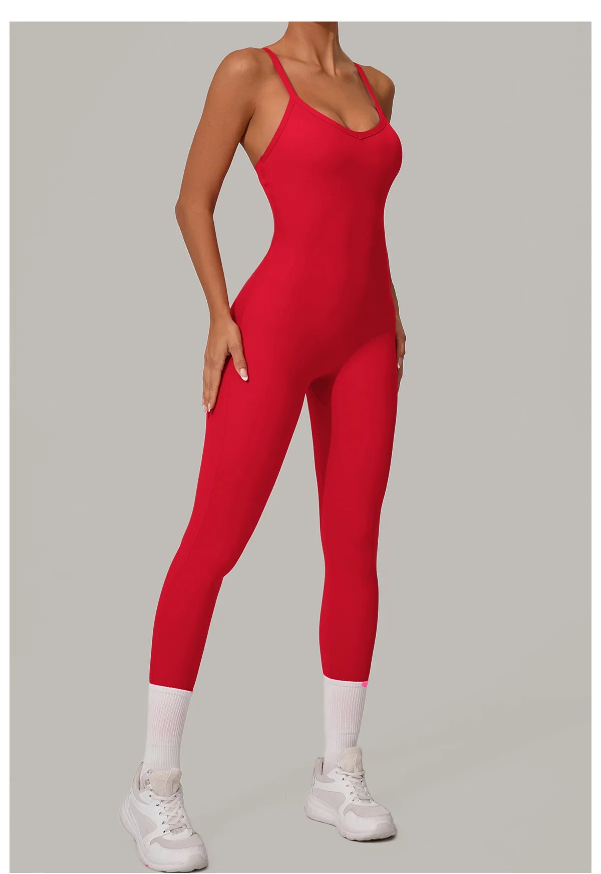 New Nylon Pad V-Neck Wrap Yoga Bodysuit - Adjustable Hook Tummy Control Butt Lift Workout Jumpsuit