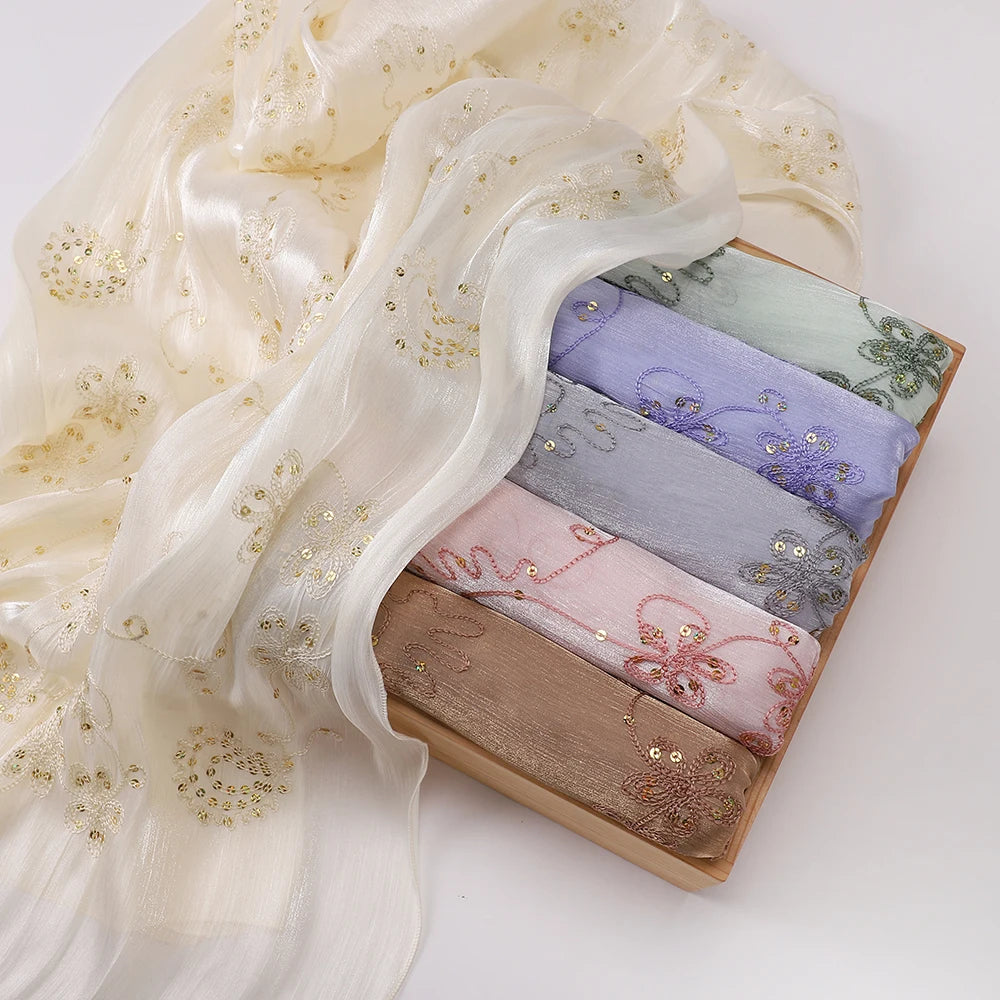 Elegant Embroidery Glitter Shimmer Hijab Shawl Pleated Glitter Chiffon Shawl Lightweight Crinkle Flowy Plain Hijab Scarves