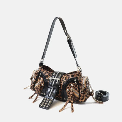 Women's Y2k Punk Vintage Shoulder Purse PU Leather Gothic Rivet Handbag Waist Bag Luxury Black Cross Body Bags with Spikes