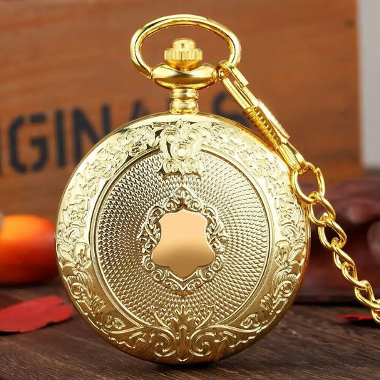 Carved Floral Rattan Shield Crown Pattern Pendant Steampunk Vintage Pocket Watch with Chain For Men Gift