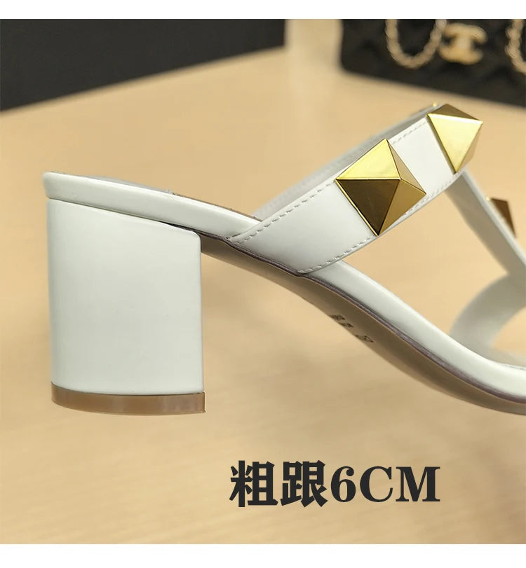 Women's Heels Sandals Gladiator Summer Luxury Brand Designer Rivets Open Toe Slipper Slingbacks Comfortable Ladies Shoes Women
