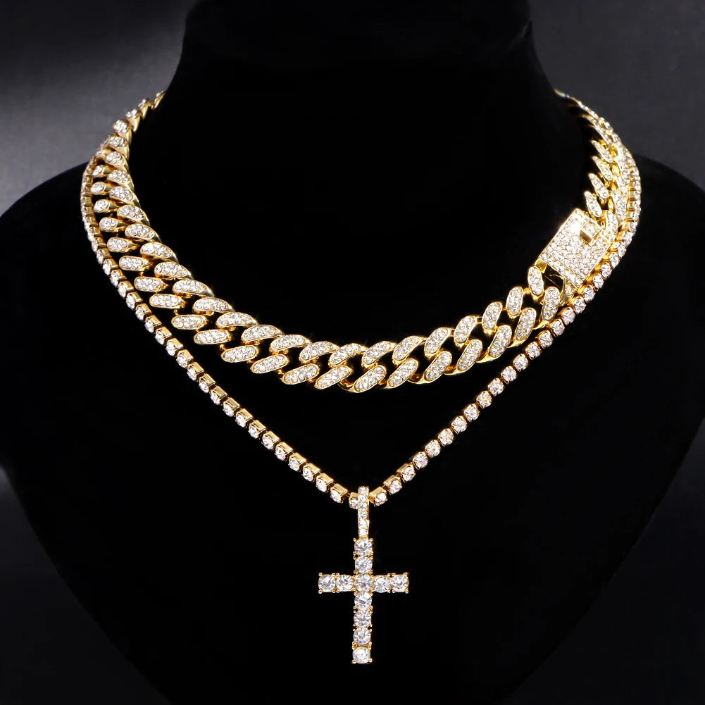 Hip Hop Diamond Cuban Link Chain Cross Necklace Men Women 2Pcs Bling Miami Cuban Chain Necklace Set Iced Out Chain Jewelry