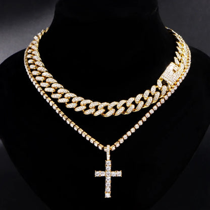 Hip Hop Diamond Cuban Link Chain Cross Necklace Men Women 2Pcs Bling Miami Cuban Chain Necklace Set Iced Out Chain Jewelry