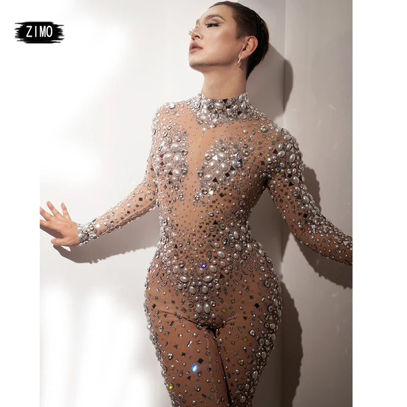 fashion Rhinestones Jumpsuit Crystal Pearl sexy Women Jumpsuits spandex party Nightclub birthday Pole Dance Singer Stage Costume