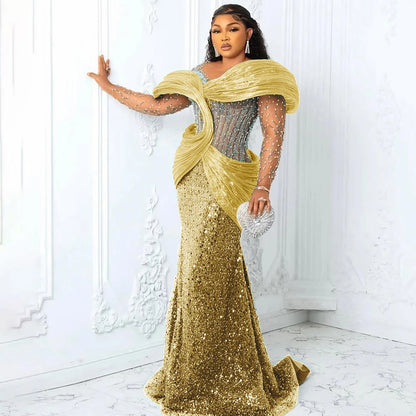 Customized Blue African Prom Dresses Plus Size 3D Pleated Off the Shoulder Evening Gowns Aso Ebi Style Wedding Reception Dress