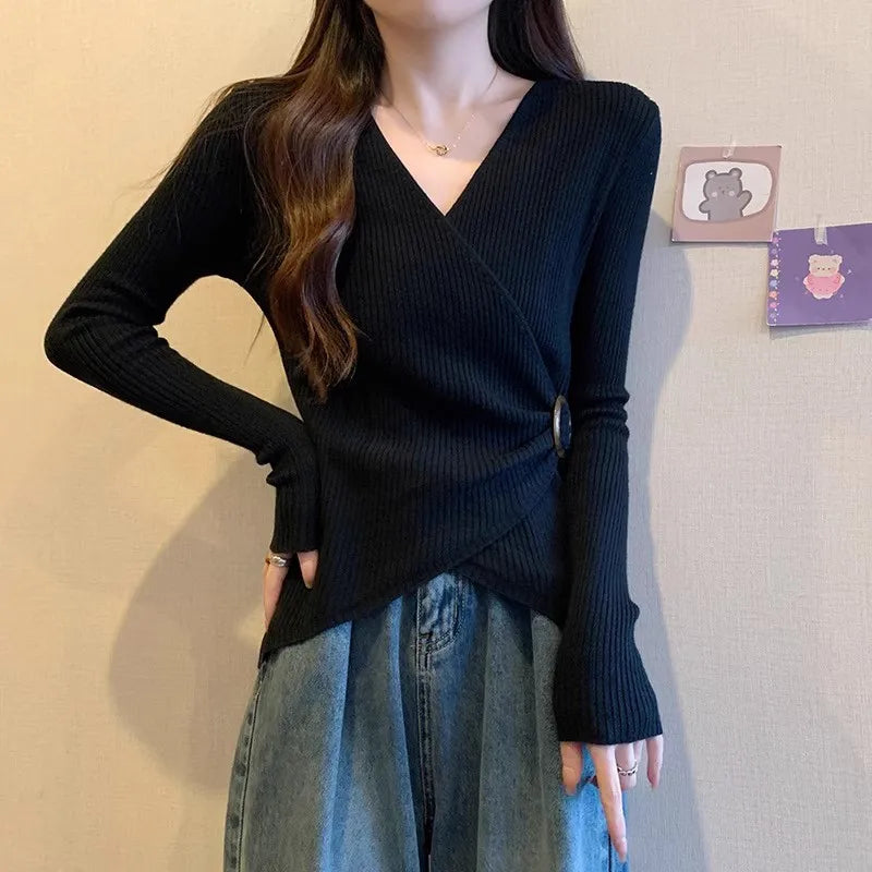 Women Wrap V Neck Ribbed Knit Top Metal Ring Buckle Flare Long Sleeve Slim Sweater