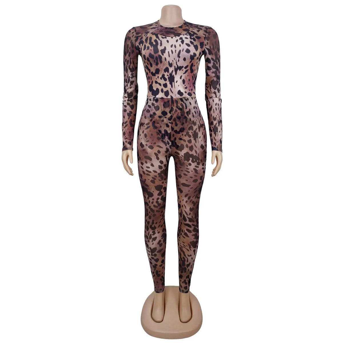 Sexy Bodycon Jumpsuits Women Clothes Leopard Mesh Print Semi Perspective Jump Suit Long Sleeve Bodysuit Nightclub Club Clothes