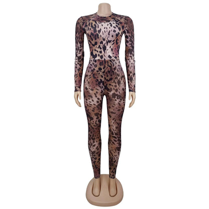 Sexy Bodycon Jumpsuits Women Clothes Leopard Mesh Print Semi Perspective Jump Suit Long Sleeve Bodysuit Nightclub Club Clothes
