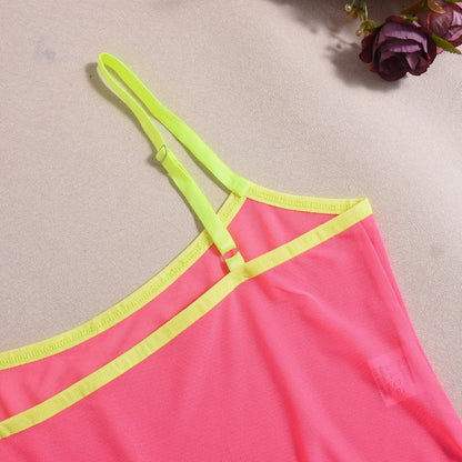 Sexy Lingerie for Woman Neon Pink Sheer Mesh Bodysuit Slimming Body Spaghetti Strap One Piece Lingerie Teddy Sleeveless Jumpsuit