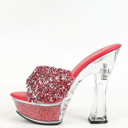 Women Slippers 14CM Luxury Party Shoes Designer Transparent Platform Summer High Heels 2024 New Glitter Sequined Stage Sandals