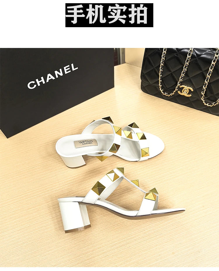 Women's Heels Sandals Gladiator Summer Luxury Brand Designer Rivets Open Toe Slipper Slingbacks Comfortable Ladies Shoes Women