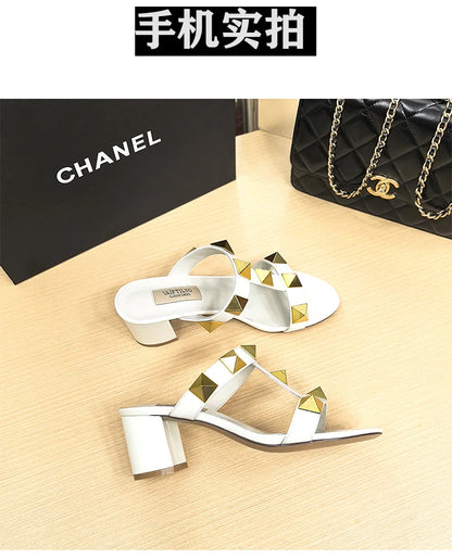 Women's Heels Sandals Gladiator Summer Luxury Brand Designer Rivets Open Toe Slipper Slingbacks Comfortable Ladies Shoes Women