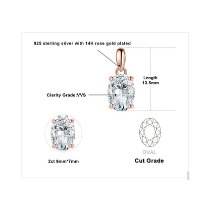 JewelryPalace Moissanite D Color 1ct 2ct Oval S925 Sterling Silver Pendant Necklace for Woman No Chain Yellow Rose Gold Plated