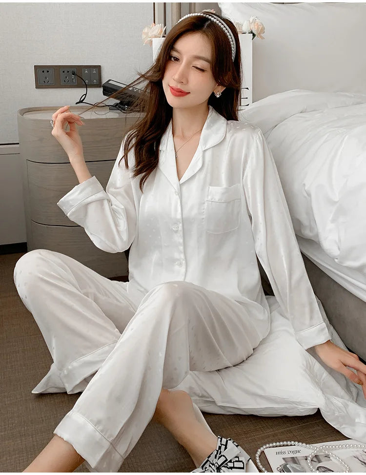 Women's New Arrival Silk-Feel Ice-Silk Lightweight Long-Sleeve Pajama Set Two-Piece Comfortable Homewear Suit