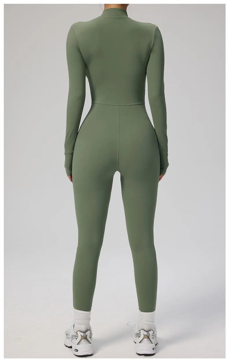 TRY TO BN Women's Jumpsuit Long Sleeve Zipper Shapewear Bodysuit Yoga Fitness One Piece Tights Gym Clothing Mono Deportivo Mujer