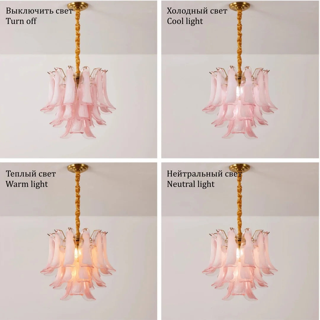 French Murano Petal Glass Chandelier Dining Table Living Room Antique Style Pink Petal Glass Pendant Chandelier Lights Bedroom