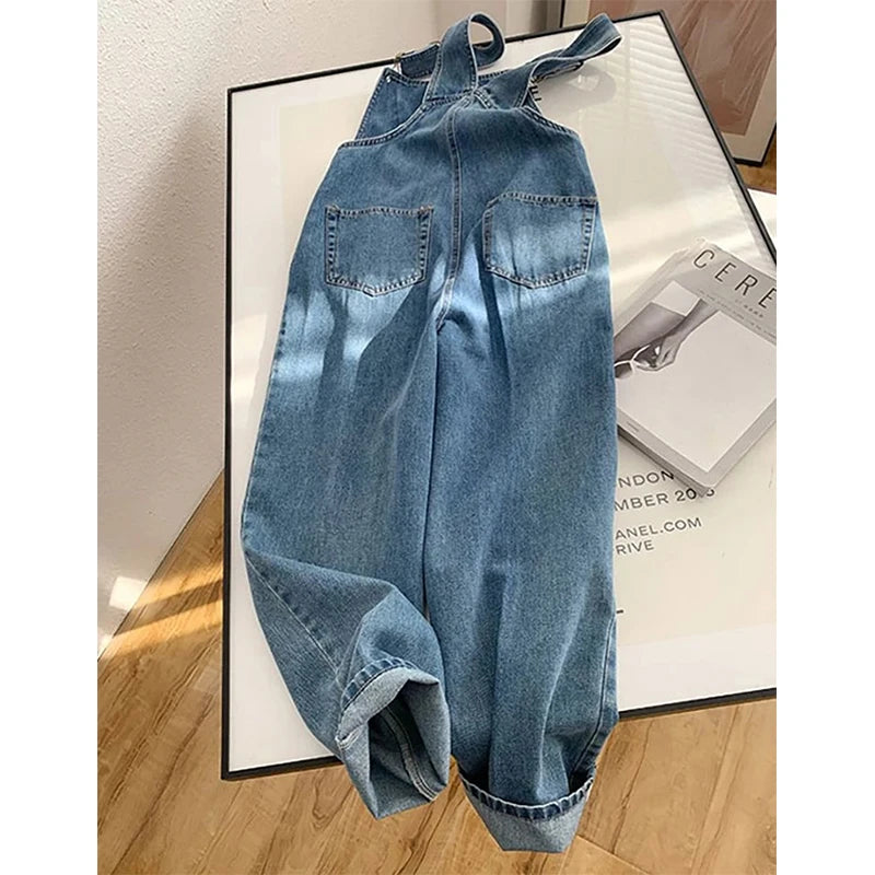 Women Denim Overalls Vintage Streetwear Loose Jumpsuit Korean Straight Wide Leg Pants Casual Jeans All Match Trousers
