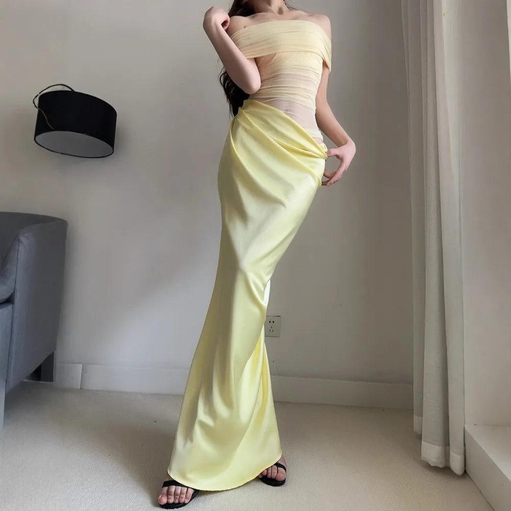 MsChuh Summer Party Dresses For Woman One-shoulder Long Evening Dress Sexy Holiday French Vestidos Solid Color Temperament Slim